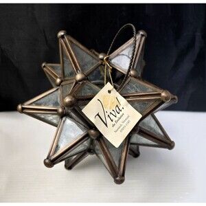 Vintage Viva Glass Moravian Star Hanging Lantern Candle Holder w/Glass Cup & Tag